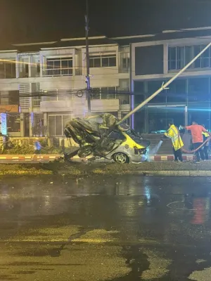 Phuket Horror! Car hits fallen motorcyclist, body severed in two before crashing into a power pole and burning completely
