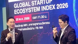 Yodchanan Wongsawat (left), the minister of higher education, science, research and innovation, takes part in a discussion to mark the release of the 2026 Global Startup Ecosystem…