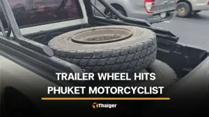 Loose trailer wheel seriously injures motorcyclist at Phuket intersection