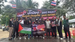 People at the protest at Loma Park last Friday (Aug 28) flouted instructions by Patong Police to not show the Palestine flag. Photo: Thailand Stands with Palestine / Facebook