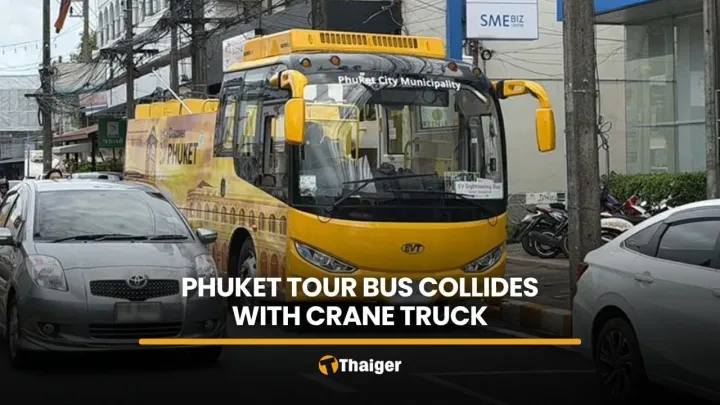 Four injured after Phuket tour bus collides with crane truck | Thaiger