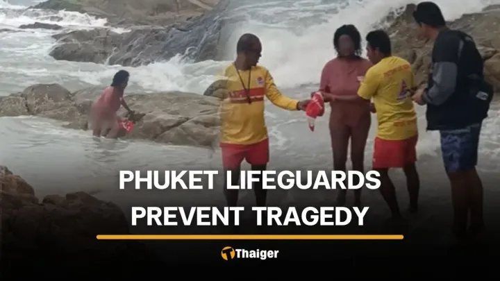 Lifeguards rescue foreign woman after she removes warning flag at Patong Beach